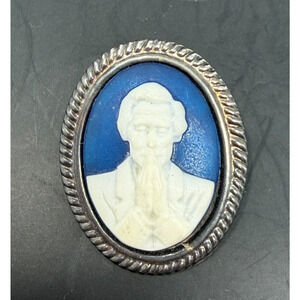 Vintage Cameo Brooch Blue White Portrait Intaglio Silver Tone 31mm